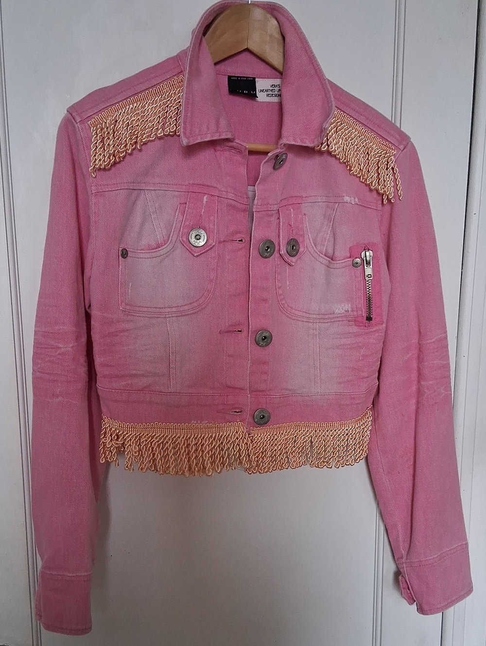 FUBU Pink Cropped Denim Jacket Upcycled By Vera with Shiny Pink Fringe Size S
